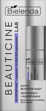 Bielenda Beauticine Lab serum BOOSTER NAD+ ujędrniająco-wygładzające w srebrnym kartoniku z fioletowym paskiem.