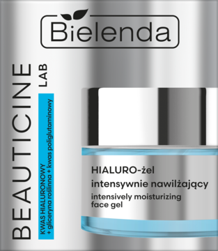 Bielenda Beauticine Lab, nawilżający Hialuro-żel do twarzy w srebrnym słoiku, z widocznym błękitnym żelem.