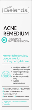 Bielenda Acne Remedium, Kremo-żel redukujący przebarwienia i zmiany potrądzikowe, białe opakowanie, widok z przodu.
