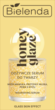 Bielenda Honey Glaze odżywcze serum do twarzy, żółte opakowanie, słoiczek z kuleczkami, efekt glass skin.