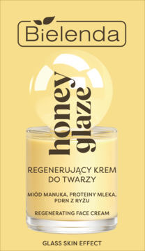 Bielenda honey glaze regenerujący krem do twarzy z miodem manuka, efekt glass skin, na żółtej karcie.