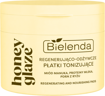 Żółty słoik Bielenda Honey Glaze, regenerujące płatki tonizujące z miodem manuka, widok z góry i przodu.