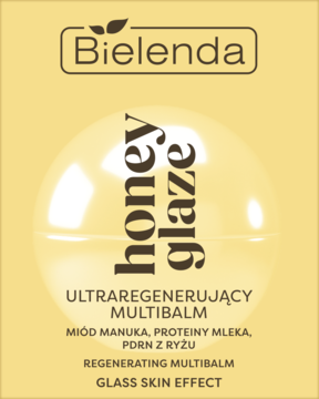 Bielenda Honey Glaze Multibalm, żółte opakowanie z napisem, efekt szklanej skóry, miód manuka. Widok z przodu.