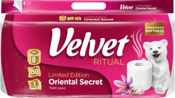 Velvet Ritual Oriental Secret papier toaletowy, 8 rolek w różowym opakowaniu z misiem polarnym i szafranem.