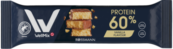 VollMax Protein 60% Vanilla Flavour bar, dark blue wrapper, front view. Graphic shows stacked vanilla pieces.