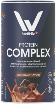 WellMix Protein Complex czekoladowy proszek białkowy w ciemnogranatowym pojemniku, wspiera mięśnie, widok z przodu.