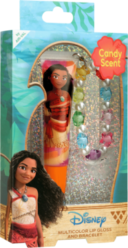 Disney Moana: błyszczyk Candy Scent i bransoletka z kwiatami w brokatowym opakowaniu. Widok z przodu.