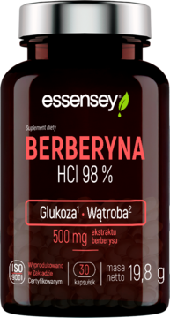 Ciemna butelka Essensey Berberyna HCl 98% z biało-czerwonymi napisami, suplement na glukozę i wątrobę, widok z przodu.