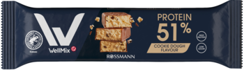 Widok z przodu ciemnogranatowego batona proteinowego Vemix Rossmann 51% o smaku cookie dough.