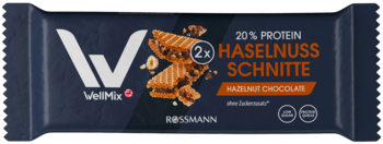 VeilMix protein bar, dark blue wrapper with hazelnut chocolate slices, 20% protein, front view.