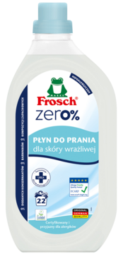 Biała butelka Frosch Zero% płynu hipoalergicznego dla skóry wrażliwej, z niebieską nakrętką.