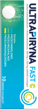 Front opakowania Ultrapiryna Fast C, 10 tabletek musujących na ból i gorączkę, z rozpuszczającą się tabletką.