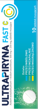 Front opakowania Ultrapiryna Fast C, 10 tabletek musujących na ból i gorączkę, z rozpuszczającą się tabletką.