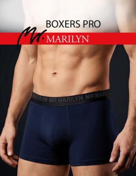 Ciemnoniebieskie bawełniane bokserki męskie MR MARILYN Pro z logo na pasie, na torsie. Widok z przodu.