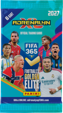 Panini Adrenalyn XL FIFA 365 2027 'Golden Elite' trading cards pack, blue, with football stars and '6 KART'.