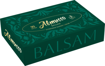 Ciemnozielone pudełko chusteczek Almusso Balsam 90 sztuk, 3-warstwowe, z eleganckim złotym logo i wzorem, widok z góry i przodu.