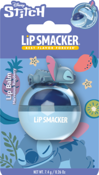 Disney Stitch Lip Smacker, Marvelous Raspberry. Sferyczny balsam z figurką Stitcha na tropikalnym, niebieskim opakowaniu.