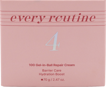 Light pink box of every routine Gel-in-Ball Repair Cream, front view, with '4', barrier care, and hydration boost.