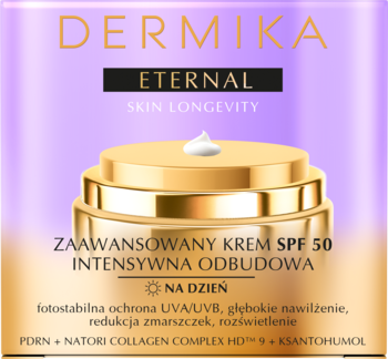 Dermika Eternal SPF 50 krem na dzień, złoty słoiczek z białą kroplą kremu, fioletowe tło.