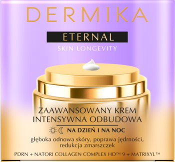 Złoty słoiczek kremu Dermika Eternal na dzień/noc z kroplą. Intensywna odbudowa, redukcja zmarszczek i jędrność.