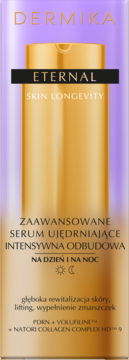 DERMIKA ETERNAL serum ujędrniające w złotym flakonie z fioletowym tłem, widok z przodu, na dzień i noc.