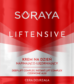 Soraya Liftensive krem na dzień, napinająco-ujędrniający dla cery dojrzałej, w czerwono-białym opakowaniu, przód.