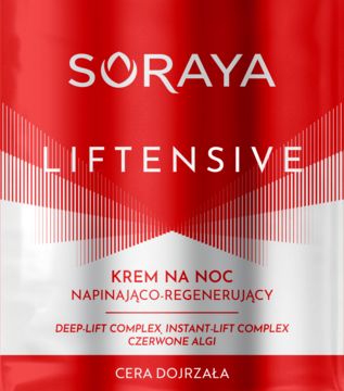 Czerwono-białe opakowanie kremu na noc Soraya Liftensive do cery dojrzałej, napinająco-regenerującego.