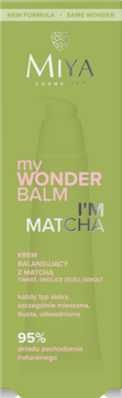 Miya Cosmetics myWONDERBALM I'm Matcha krem balansujący, zielone opakowanie z różowym tekstem, przód.