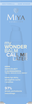 Niebieskie opakowanie Miya Cosmetics myWONDERBALM Call me later, krem nawilżający z ashwagandhą, 97% naturalny.