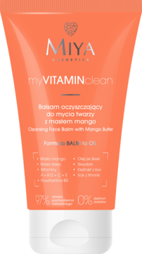 Pomarańczowy balsam MIYA myVITAMINclean z masłem mango, formuła balm to oil, widok z przodu, biała zakrętka.