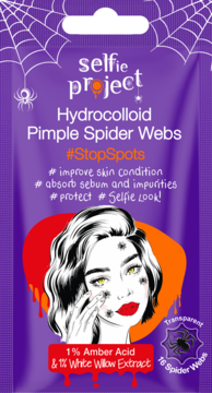 Fioletowe opakowanie Hydrocolloid Pimple Spider Webs, z grafiką pajęczyn i kobiety, 1% Kwas Bursztynowy.