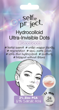 Selfie Project Hydrocolloid Ultra-Invisible Dots, 24 plastry na pryszcze z kwasem salicylowym, widok z przodu.