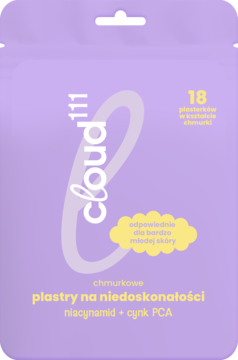 Fioletowa saszetka Cloud111 z 18 chmurkowymi plastrami na niedoskonałości z niacynamidem i cynkiem PCA, widok z przodu.