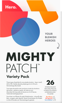 Hero Mighty Patch Variety Pack, białe pudełko, kolorowe kółka, widok z przodu, 26 hydrokoloidowych plastrów na wypryski.