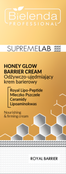 Bielenda Supremelab Honey Glow Barrier Cream, odżywczy krem barierowy w złoto-pomarańczowym opakowaniu, widok z przodu.