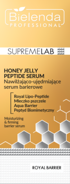 Bielenda Supremelab Honey Jelly Peptide Serum. Złote serum nawilżająco-ujędrniające, Royal Barrier, przód opakowania.