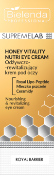 Złota butelka Bielenda Supremelab Honey Vitality Nutri Eye Cream z białymi napisami i heksagonami, przód opakowania.