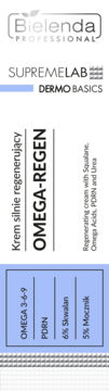 Bielenda Supremelab OMEGA-REGEN, regenerujący krem z Omega 3-6-9, PDRN i skwalanem, biało-niebieska etykieta.