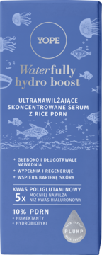 Serum YOPE Waterfully hydro boost w granatowym opakowaniu z rybami, ultra-nawilżające z PDRN, widok z przodu.