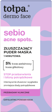 Fioletowo-różowe opakowanie tołpa dermo face sebio acne spots Złuszczający Puder-Maska, 5% kwasów, przód.
