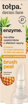 tołpa. enzyme brush peel do usuwania zaskórników, biała tubka z aplikatorem szczoteczki i ananasami.