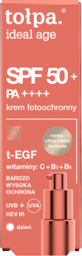 Tołpa Ideal Age krem fotoochronny SPF 50+ PA++++, wysoka ochrona UVB UVA HEV IR, brzoskwiniowe opakowanie.