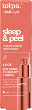 Tołpa Ideal Age Sleep & Peel, mleczna esencja regenerująca, koralowe opakowanie, widok z przodu. Butelka z pompką.