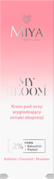 Miya Cosmetics MY BLOOM Krem pod oczy wygładzający oznaki ekspresji, biało-różowe pudełko, widok z przodu, 2% PDRN.