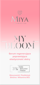 Miya Cosmetics MY BLOOM Serum regenerujące w różowym opakowaniu, widok z przodu, srebrny napis. Z PDRN i Bakuchiol.