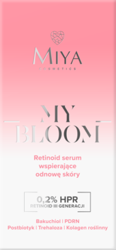 Miya MY BLOOM Retinoid Serum w różowo-białym opakowaniu z napisem 0,2% HPR, widok z przodu.