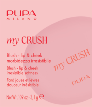 Różowe opakowanie PUPA MILANO my CRUSH blush do ust i policzków, z matowym wykończeniem, widok z przodu.