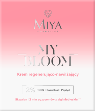 Front: Różowy krem Miya My Bloom, regenerująco-nawilżający, z tekstem 2% PDRN+Bakuchiol+Peptyd.
