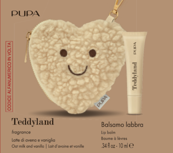 Pupa Teddyland balsam do ust owsianka wanilia w beżowej tubce, obok puchatej kosmetyczki serca z buźką.