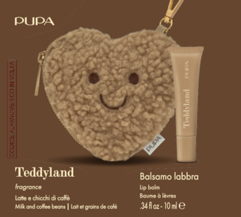 PUPA Teddyland zestaw: pluszowa kosmetyczka w kształcie serca i beżowy balsam do ust o zapachu kawy.